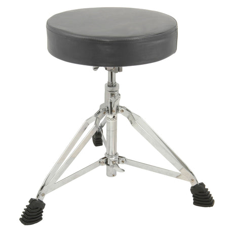 The Chord HD Wide Round Drum Throne is a black, round padded stool reminiscent of classic drum thrones. It sits atop a chrome, adjustable tripod base and features three rubber-tipped legs for stability and precision height adjustment.