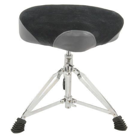 The Chord HD Deluxe Saddle Drum Throne is black with a height-adjustable cushioned seat, three chrome legs, and large black rubber feet for stability.