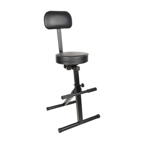 Chord MU-SEAT padded musician seat by AVSL with round black cushioned seat, backrest, adjustable steel frame and integral footrest bar, on white background.