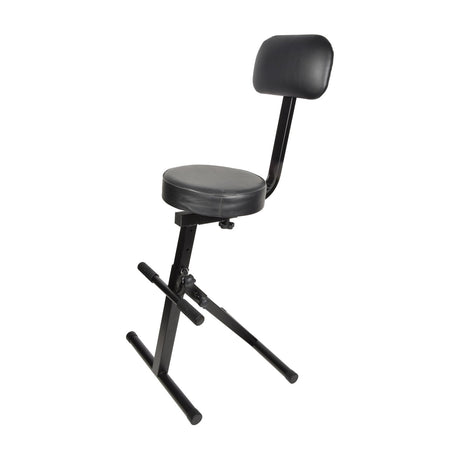Chord MU-SEAT padded musician seat by AVSL with round black cushioned seat, backrest and folding steel frame with footrest bar, on a white background.