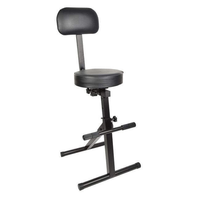 The Chord Musicians Seat is a foldable chair in black designed for musicians, featuring an adjustable seat with comfortable padding. It boasts a sturdy metal frame, includes a footrest, and has a T-shaped base for added stability.