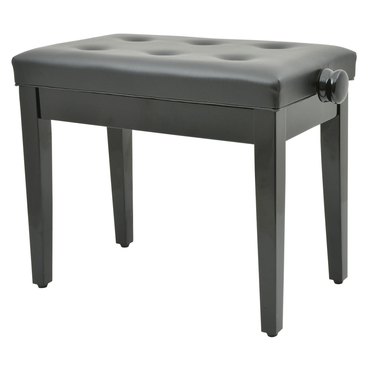 The Chord Piano Bench - Black (without Compartment) combines classic style with functionality, featuring a cushioned, tufted seat and four sturdy legs. It includes an easy-to-use height adjustable knob on the side, all showcased beautifully against a plain white background.