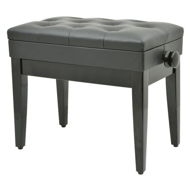 The Chord Piano Bench With Storage in black features a tufted, cushioned top upholstered in vinyl, four straight legs, and an adjustable knob on the side for added comfort and style.