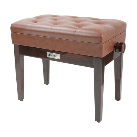 Chord PB660HS-BR height-adjustable piano bench with studded brown vinyl padded seat and rosewood-stained wooden frame with side adjustment wheels.