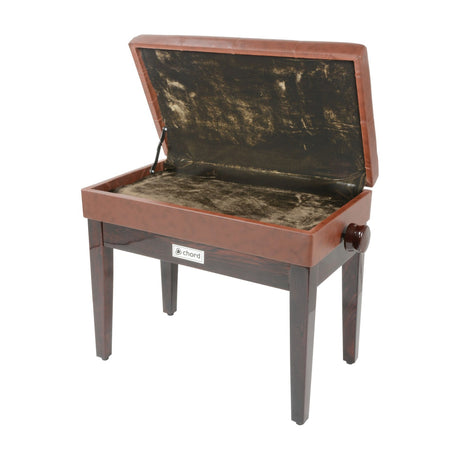 Chord PB660HS-BR height-adjustable piano bench in brown with vinyl padded lid open, showing interior storage compartment and wooden frame.