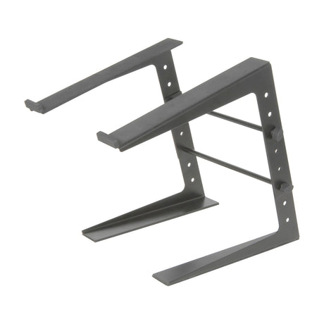 Citronic CLS01 compact laptop stand in matte black steel with adjustable height brackets, foam-padded support arms and skids, on a white background.