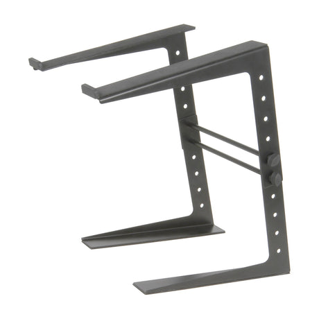Citronic CLS01 compact black metal laptop stand with adjustable height slots, foam-padded support arms and skids, shown on a plain background.