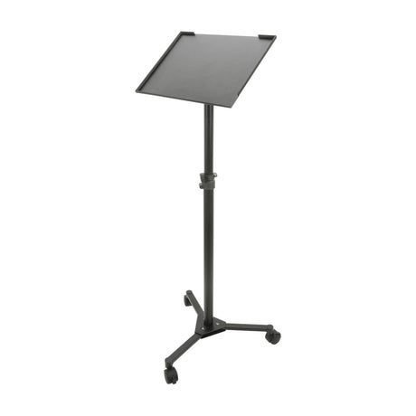 AV:Link LPT1 height-adjustable laptop and projector trolley with tilting black top plate, steel pole, and three-wheeled folding base on a white background.