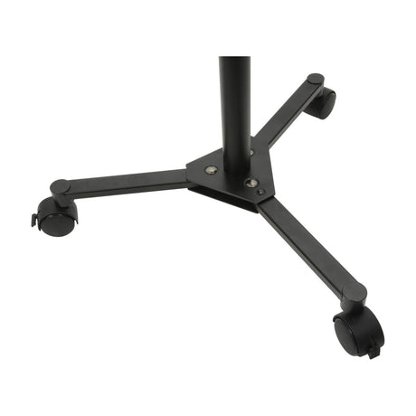 Close-up of the AV:Link LPT1 trolley's steel tripod base with three lockable castors and central support pole, shown on a plain white background.