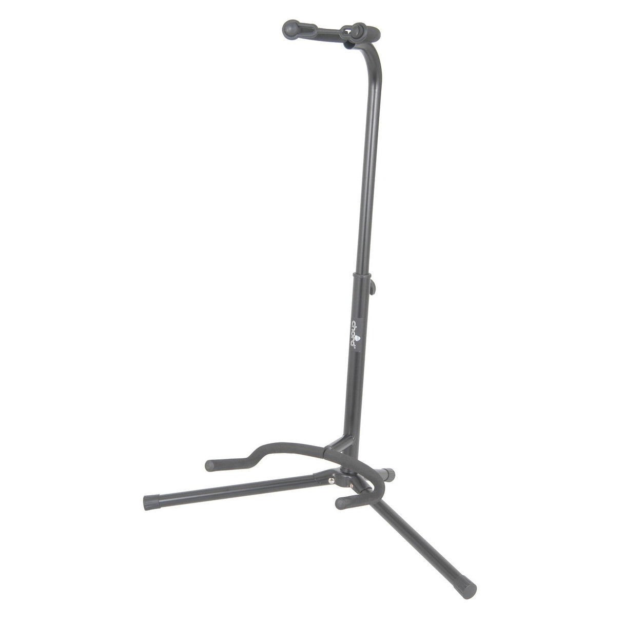 Introducing the Chord Single Guitar Stand With Neck Support: a foldable stand featuring a tripod base and adjustable neck support. This stand includes rubber padding for protection and stability, ensuring your instrument stays secure.