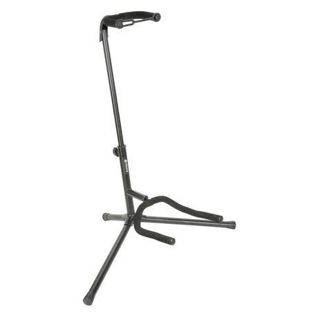 The Chord Guitar Stand With Foldable Neck Support features a black collapsible design with cushioned holders, a height-adjustable telescopic neck support, and a stable tripod base, all designed for scratch protection while securely holding your guitar.