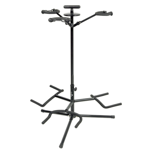 The Chord Triple Guitar Stand With Neck Support is a black metal stand designed to hold three guitars. It features adjustable neck support, a tripod base with rubberized feet, and foam-covered arms and base supports to protect your instruments.