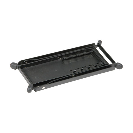 Chord FR1 Adjustable Guitarist Footrest by AVSL shown folded flat, black metal frame with rubber end caps and foot plate, on a white background.