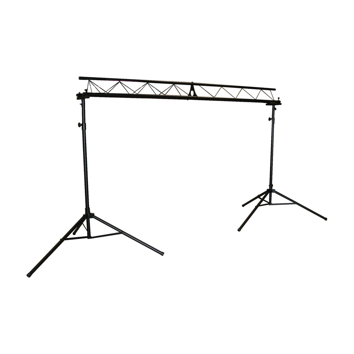 QTX LGP2 triangle truss lighting system with two black height-adjustable T-bar tripod stands supporting a 3m horizontal steel truss on a white background.