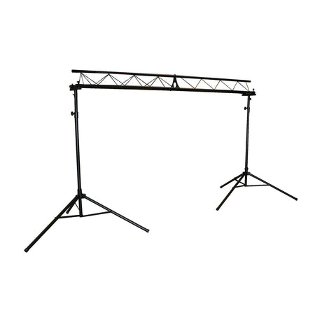 QTX LGP2 triangle truss lighting system with two black height-adjustable T-bar tripod stands supporting a 3m horizontal steel truss on a white background.
