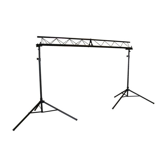 QTX LGP2 triangle truss lighting system with two black height-adjustable T-bar tripod stands supporting a 3m horizontal steel truss on a white background.