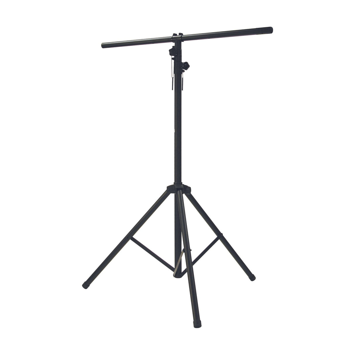 QTX heavy duty aluminium lighting tripod stand with 1.2m T-bar and twist-lock telescopic pole in black, shown on a plain white background.