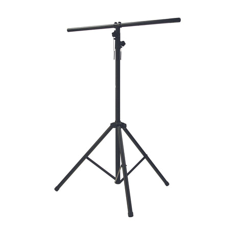 QTX heavy duty aluminium lighting tripod stand with 1.2m T-bar and twist-lock telescopic pole in black, shown on a plain white background.