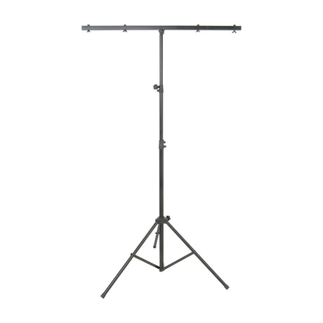 QTX LT01 lightweight black lighting stand with 1m T-bar crossbeam, aluminium central column and steel tripod base, shown on a plain white background.
