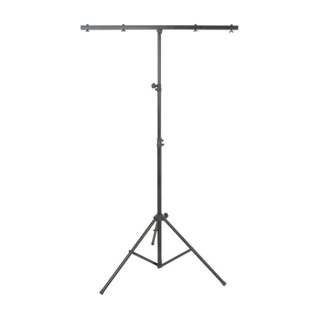 QTX LT01 lightweight black lighting stand with 1m T-bar crossbeam, aluminium central column and steel tripod base, shown on a plain white background.
