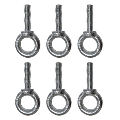 Image showcasing the Citronic Pack of 6 x M8 Collared Eyebolts, arranged in two rows of three. Ideal for suspending Citronic speaker cabinets. Each eyebolt includes a screw part with a circular loop at the top, displayed against a white background.