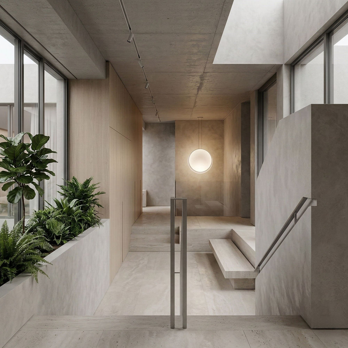 A minimalist interior with concrete and wood accents, large windows, indoor plants, a modern metal-railed staircase, and the Cosmos LED Large Pendant Light hanging in the hallway. The space feels open and well-lit.