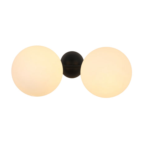 The Vetra 2 Light Opal Glass Wall/Semi-Flush Ceiling Light in Black features two large frosted globes on a black circular base, showcasing modern minimalist style against a white background.