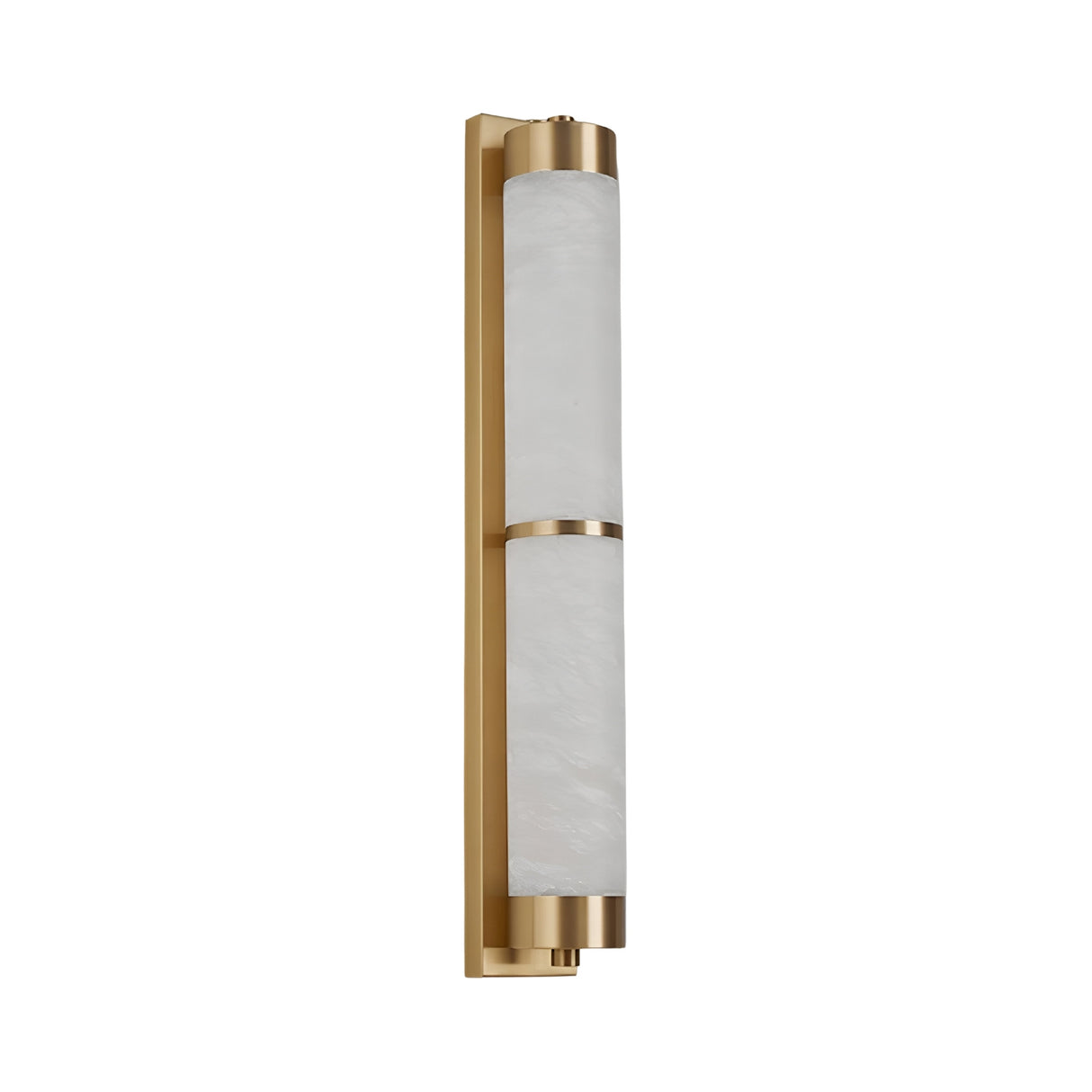 The Arelis LED Linear Alabaster Wall Light features a modern brushed brass frame, soft white alabaster shade, and a rectangular gold backplate for an elegant look.
