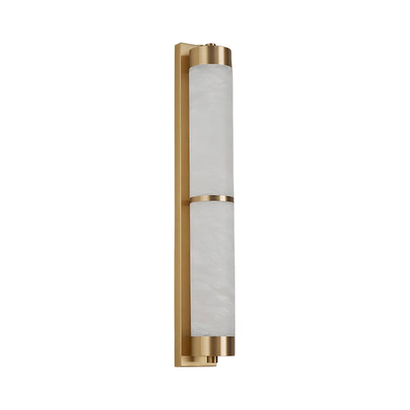 The Arelis LED Linear Alabaster Wall Light features a modern brushed brass frame, soft white alabaster shade, and a rectangular gold backplate for an elegant look.