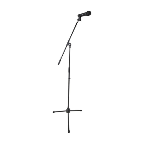 Chord boom microphone stand by AVSL with extended boom arm, mounted handheld mic, adjustable black shaft and foldable tripod base on a white background.