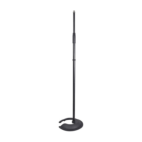 Chord stackable microphone stand in matt black with adjustable straight pole and round cast metal base, shown on a plain white background.