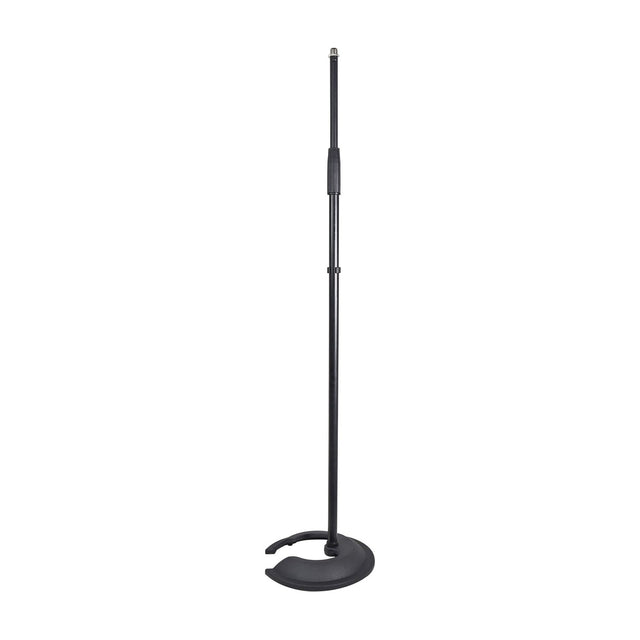 Chord stackable microphone stand in matt black with adjustable straight pole and round cast metal base, shown on a plain white background.