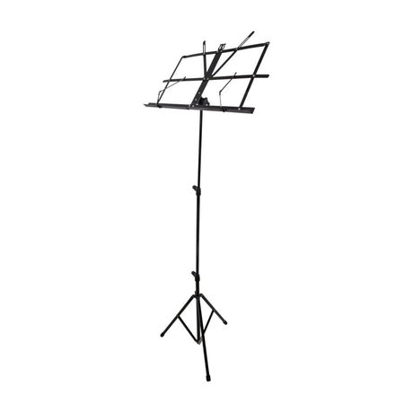 Chord foldable sheet music stand with black tubular stem, tripod base and concertina-style holder with spring retainer arms, on a white background.