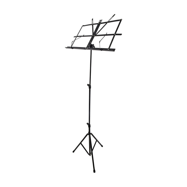 Chord foldable sheet music stand with black tubular stem, tripod base and concertina-style holder with spring retainer arms, on a white background.
