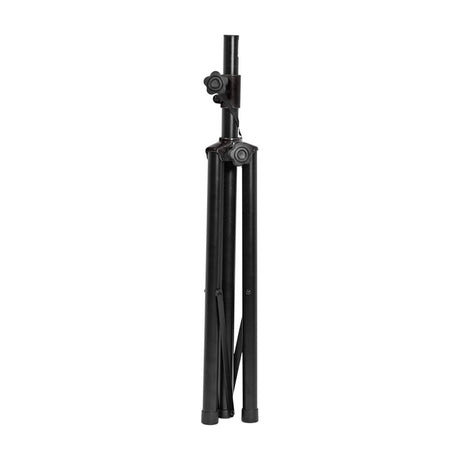 QTX heavy duty steel speaker stand by AVSL shown folded with tripod legs closed, adjustment knobs and 35mm pole visible, on a plain white background.