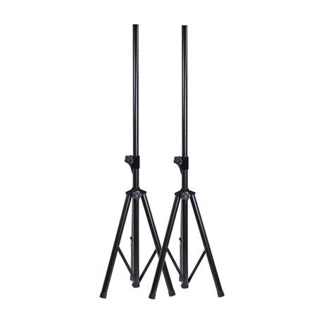 QTX Heavy Duty Speaker Stand Kit by AVSL showing two black steel tripod speaker stands with adjustable poles and locking clamps on a white background.