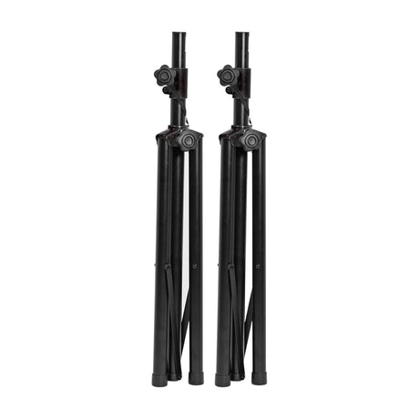 QTX heavy duty speaker stand kit by AVSL showing two folded black steel tripod stands with locking knobs and 35mm poles on a white background.