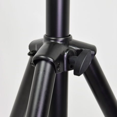 Close-up of the Citronic winch speaker stand's matt black tripod hub, showing the adjustment knob, bolts, and aluminium legs against a white background.