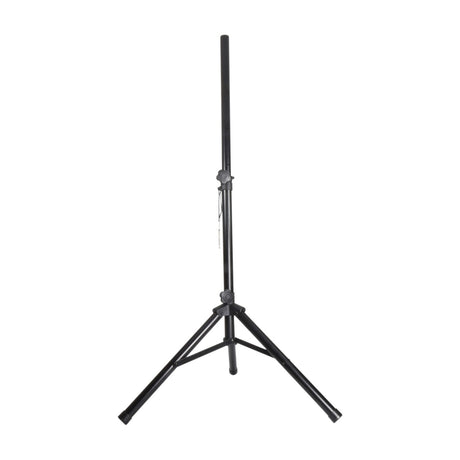 QTX short steel speaker stand by AVSL with height-adjustable tripod base, lockable knobs and 35mm pole in matte black, shown on a plain white background.