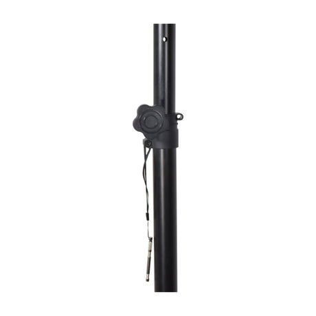 Close-up of the QTX short steel speaker stand from AVSL showing the black adjustable pole with lockable star knob and safety pin on a white background.