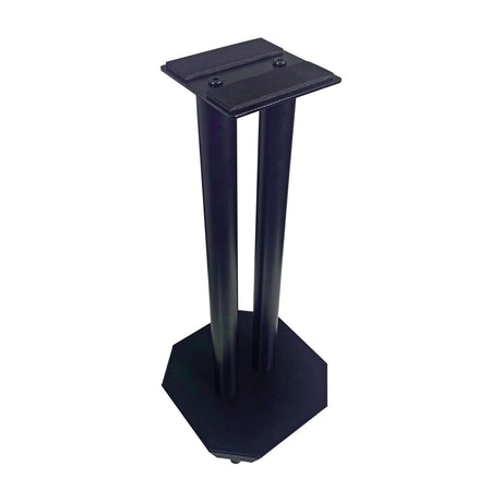 QTX 50cm studio monitor stand in matt black steel, with square top plate, twin uprights and octagonal spiked base, shown on a white background.