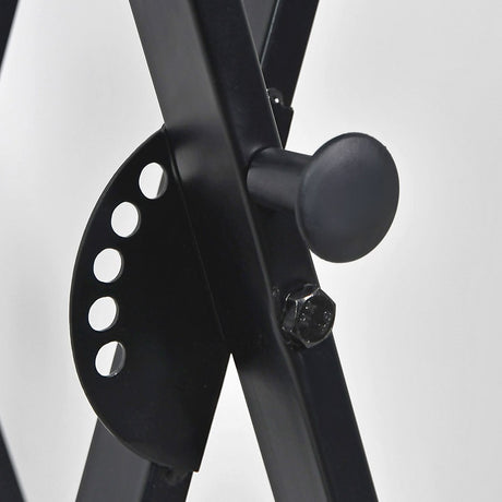 Close-up of the AVSL Chord Double X-Frame Keyboard Stand's steel height adjuster, showing the perforated locking plate and spring bolt in matte black.