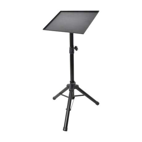 AV:Link LPS-2 tilting laptop and projector stand with black steel tripod base and rectangular top plate with raised edges, shown on a white background.