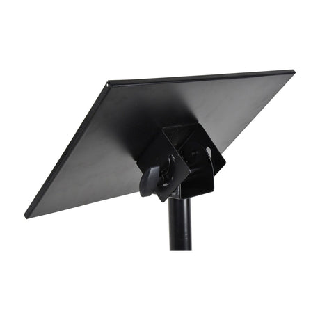 AV:Link LPS-2 tilting laptop and projector stand by AVSL, close-up of the black steel top plate with raised edges and tilt adjustment bracket.