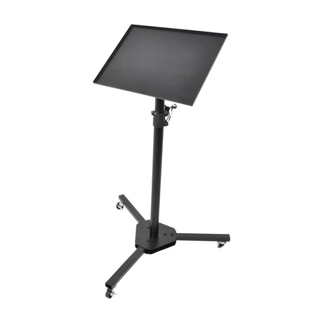 AV:Link LPT-2 height-adjustable laptop and projector trolley in black steel with tilting tray, tripod base and lockable castors on a white background.
