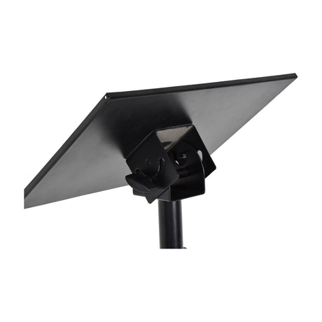Close-up of the AV:Link LPT-2 trolley's tilting steel platform with raised edges and adjustable bracket mount on the black support pole, plain white background.