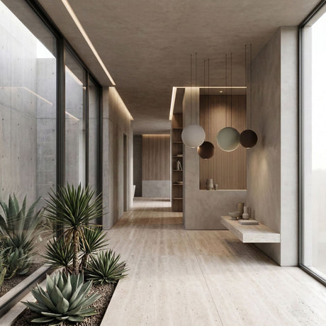 A modern hallway with floor-to-ceiling windows, minimalist decor, neutral tones, potted succulents, a floating bench, and the Cosmos 4 Light LED Bar Pendant casting ambient light from the ceiling.