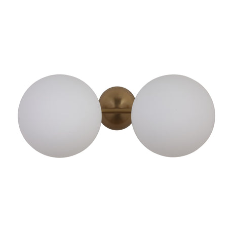 The Vetra 2 Light Opal Glass Wall/Semi-Flush Ceiling Light in gold features two large round opal glass globes on a sleek central brass fixture, ideal for contemporary interiors.