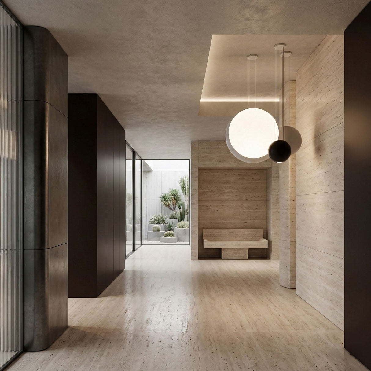A modern minimalist interior with light stone surfaces, a built-in bench, and floor-to-ceiling windows overlooking cacti features striking Cosmos 3 Light LED Bar Pendant - V2 lighting for a sleek, contemporary touch.