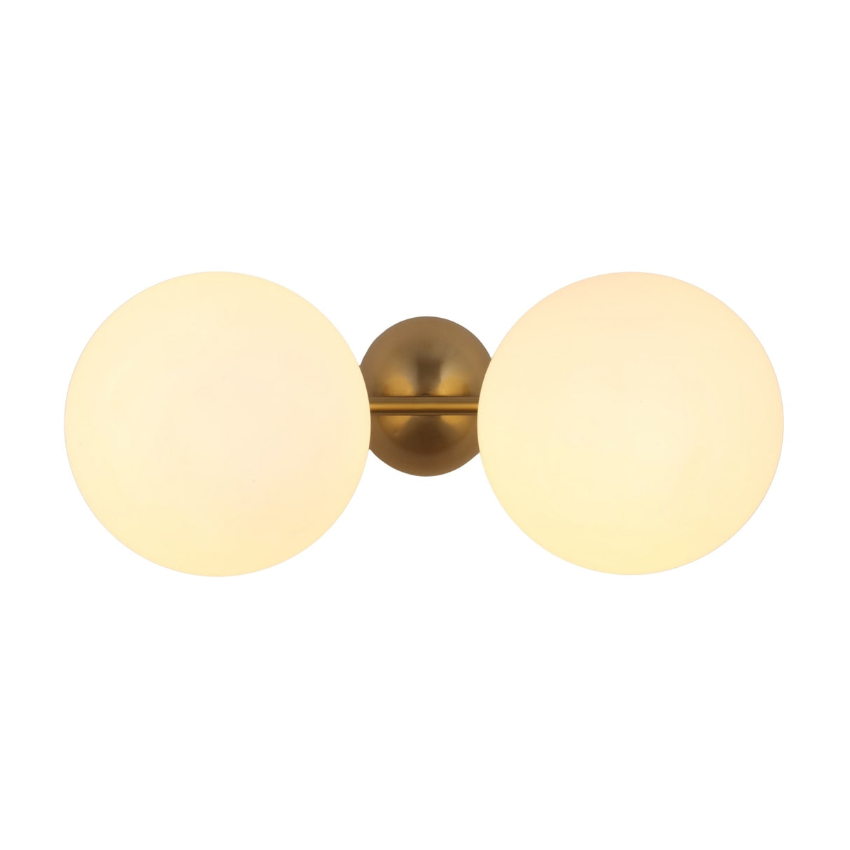 The Vetra 2 Light Opal Glass Wall/Semi-Flush Ceiling Light in Gold features two frosted glass globes on a gold base, offering warm, modern illumination and adding contemporary style to any room.